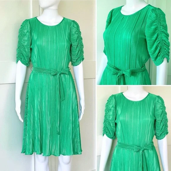 DKNY Satin Pleated Dress Ruched Sleeve Crew Neck Tie-Waist A-Line Pullover Style - Picture 14 of 16